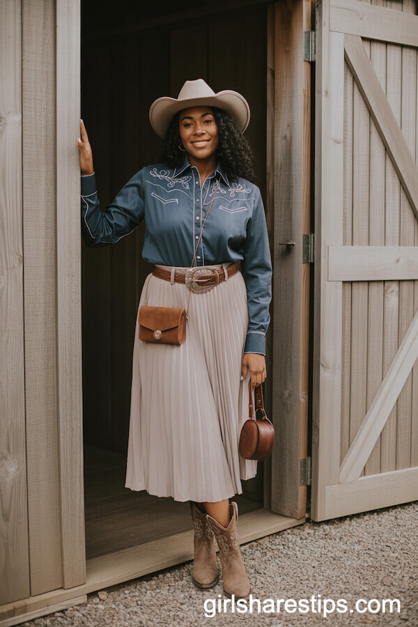 Slate Blue Western Shirt with Pleated Blush Skirt