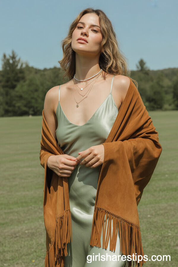 Sage-Green Satin Slip Dress with Fringed Suede Shawl