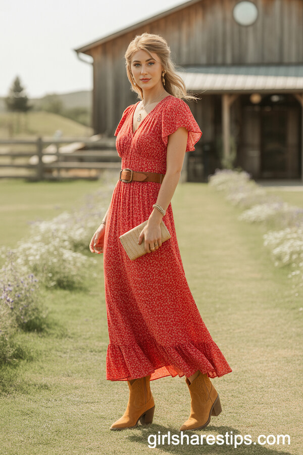 Red Floral Maxi Dress with Leather Western Belt