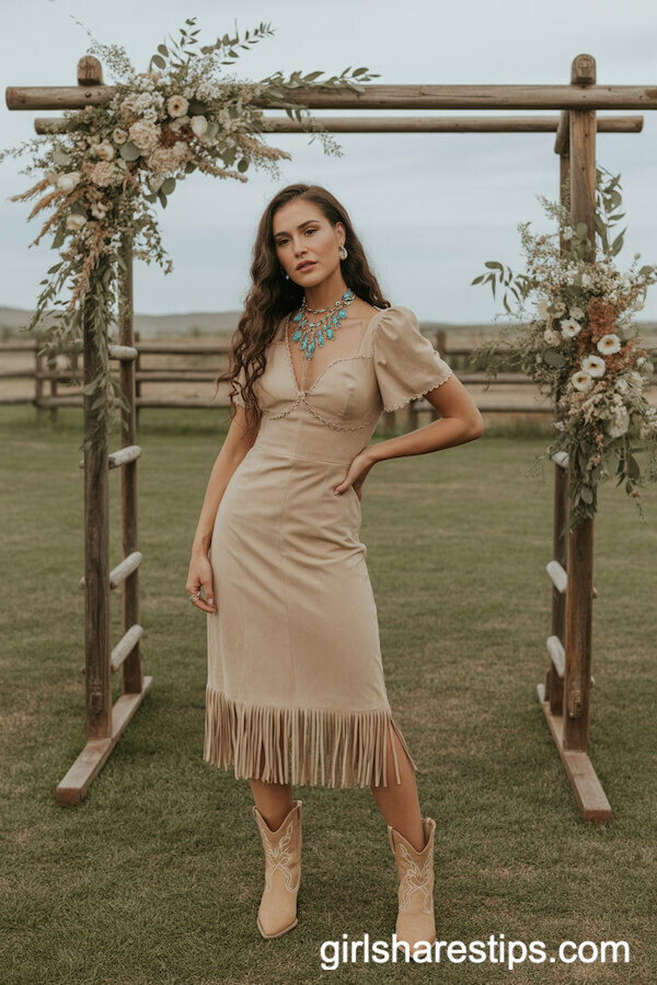 Beige Suede Midi Dress with Fringe and Turquoise Jewelry