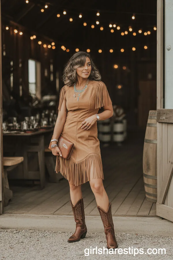 Tan Suede Fringe Dress with Tall Cowboy Boots