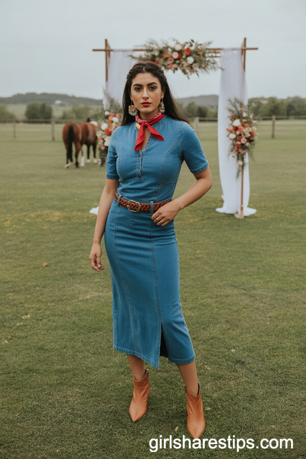 Fitted Denim Midi Dress with Red Bandana and Pointed Boots