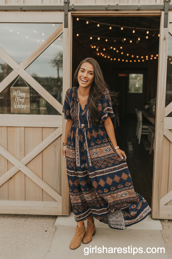 Aztec Print Maxi Dress with Suede Booties