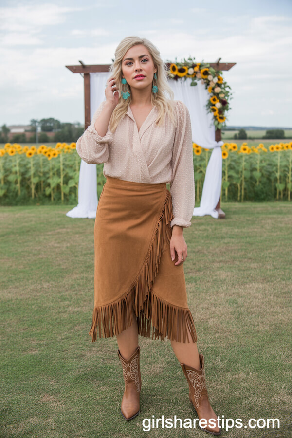 Tan Fringe Suede Midi Skirt and Blush Lace Blouse Combination