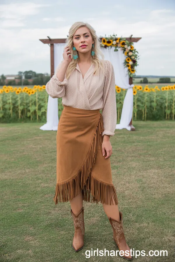 Tan Fringe Suede Midi Skirt and Blush Lace Blouse Combination