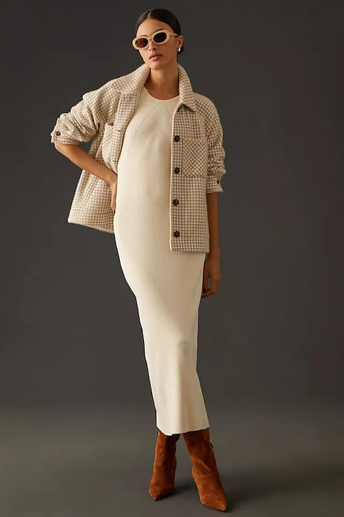 beige short coat and beige knit dress