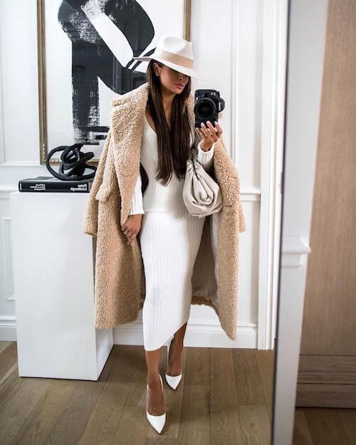 casual white dress look with a long coat in fall and winter