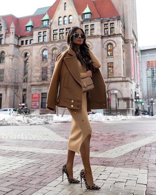 cozy long dress outfit with blazer jacket