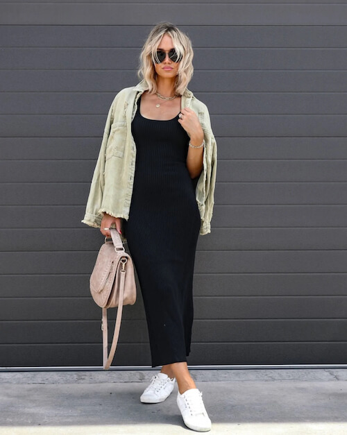 a little black dress, white sneakers, and a light jacket