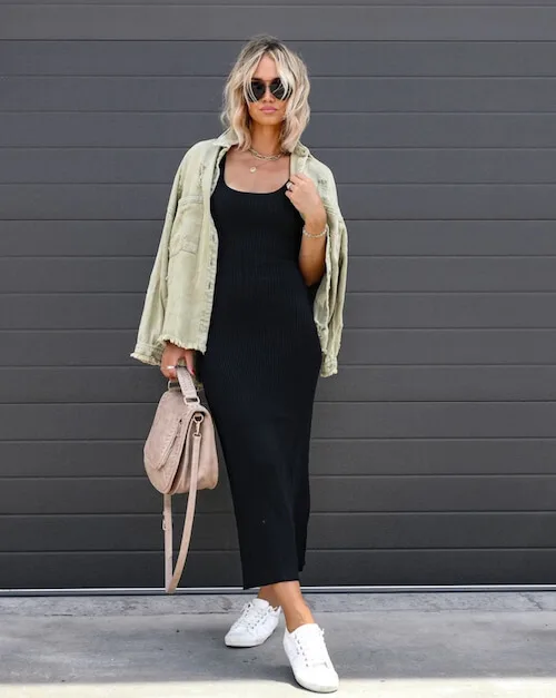 a little black dress, white sneakers, and a light jacket