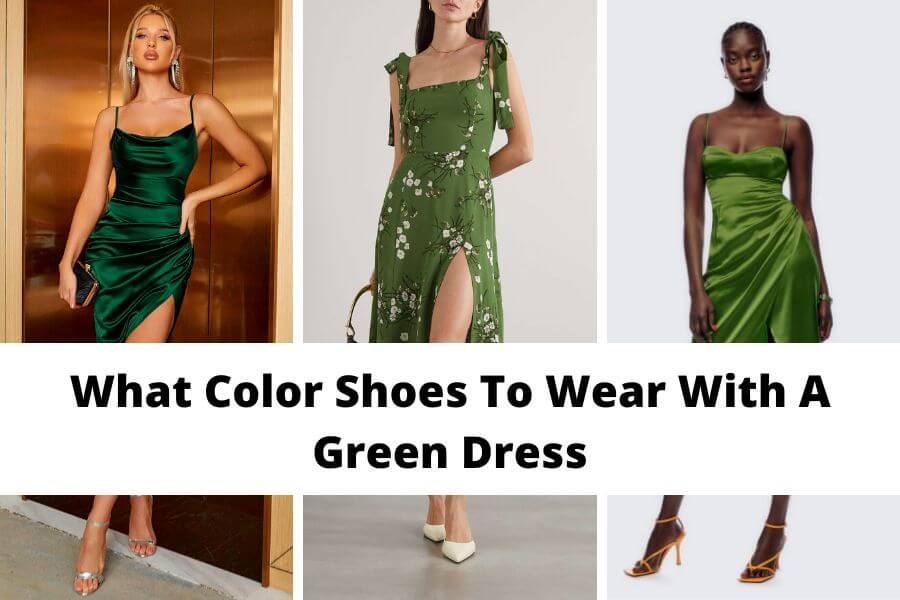 collage of the best color shoes to wear with a green dress