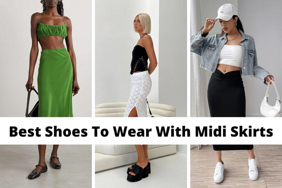 collage of the best shoes to wear with midi skirts