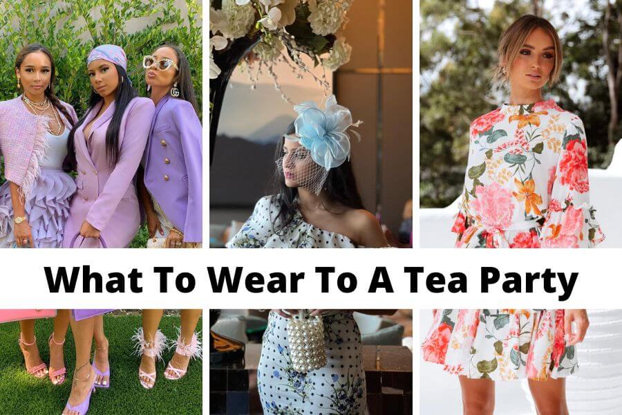 collage of outfit ideas on what to wear to a tea party