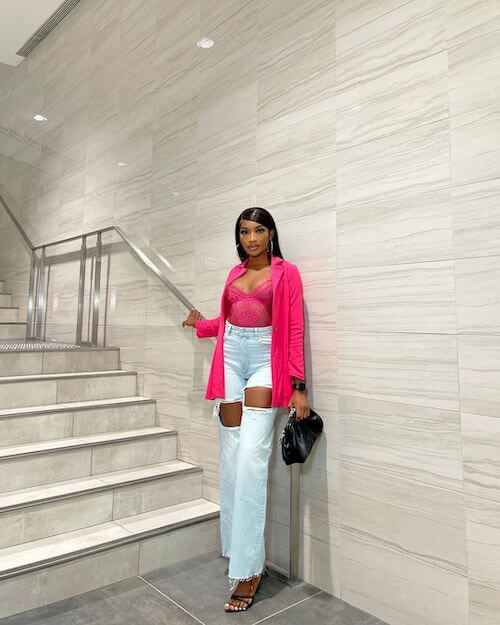 Dark pink jacket outfit on sale
