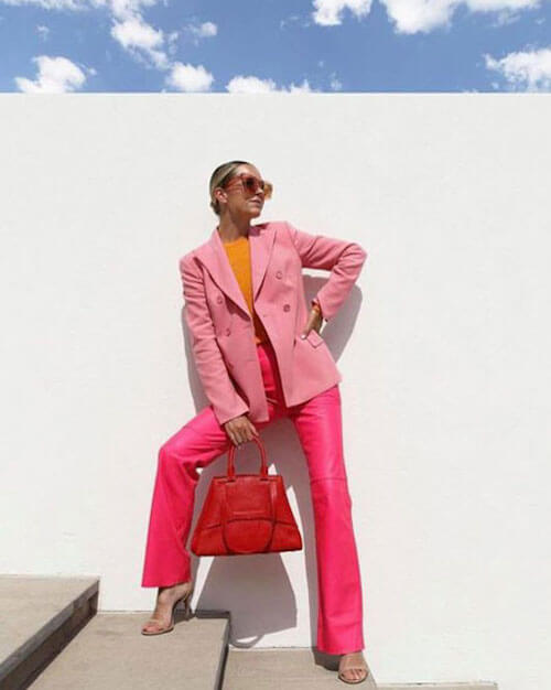 pink on pink outfit with a light pink blazer