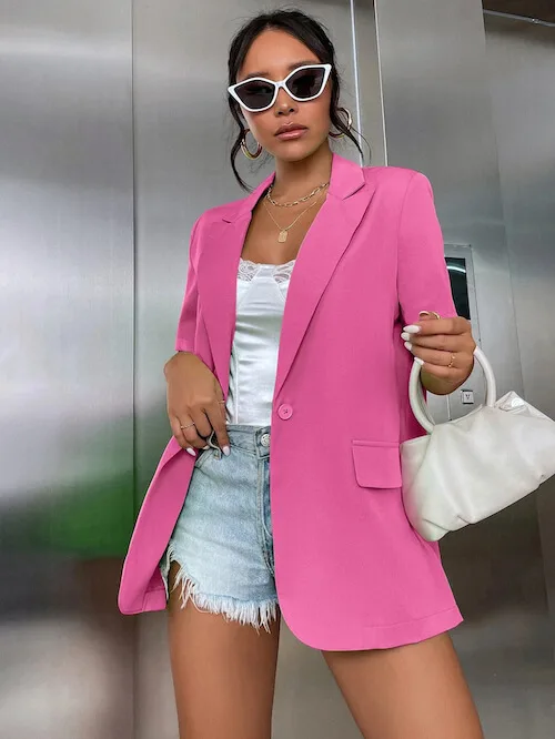 how to style a light pink blazer with denim shorts