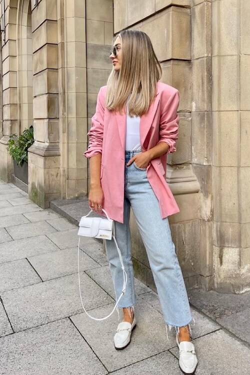 chic and cute casual pink blazer outfit