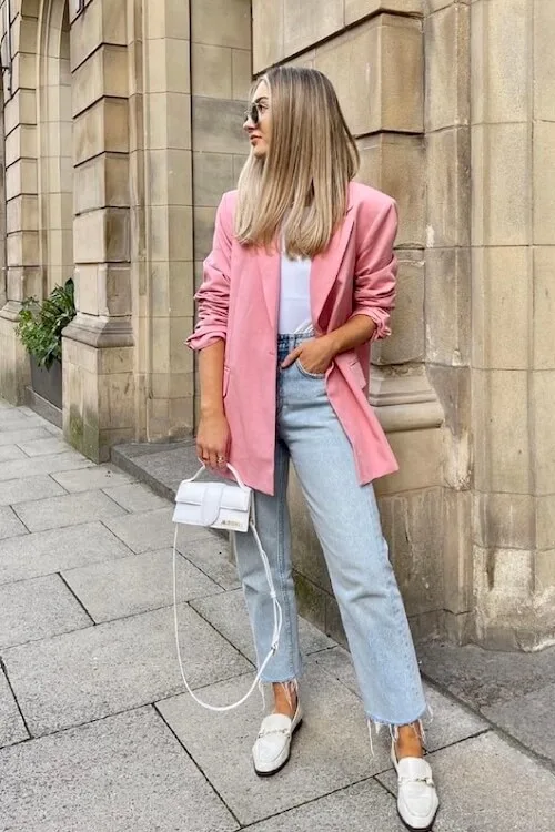 chic and cute casual pink blazer outfit