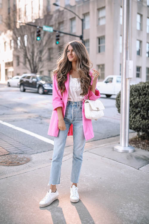 what to wear with a light pink blazer for women