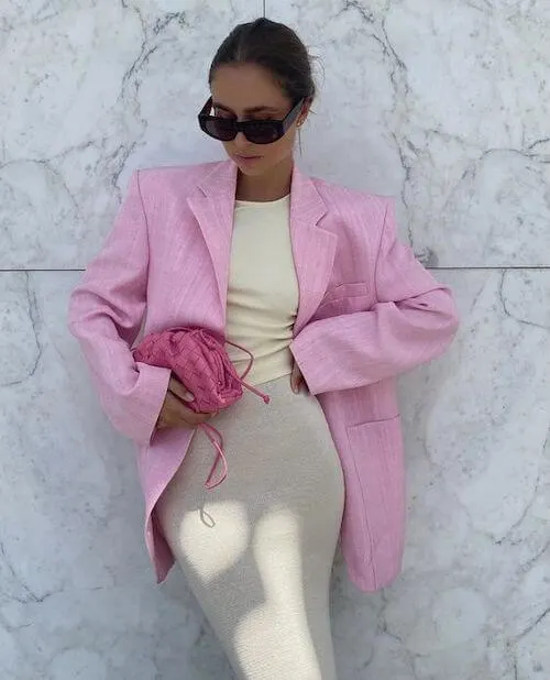 light pink blazer outfit with long skirt