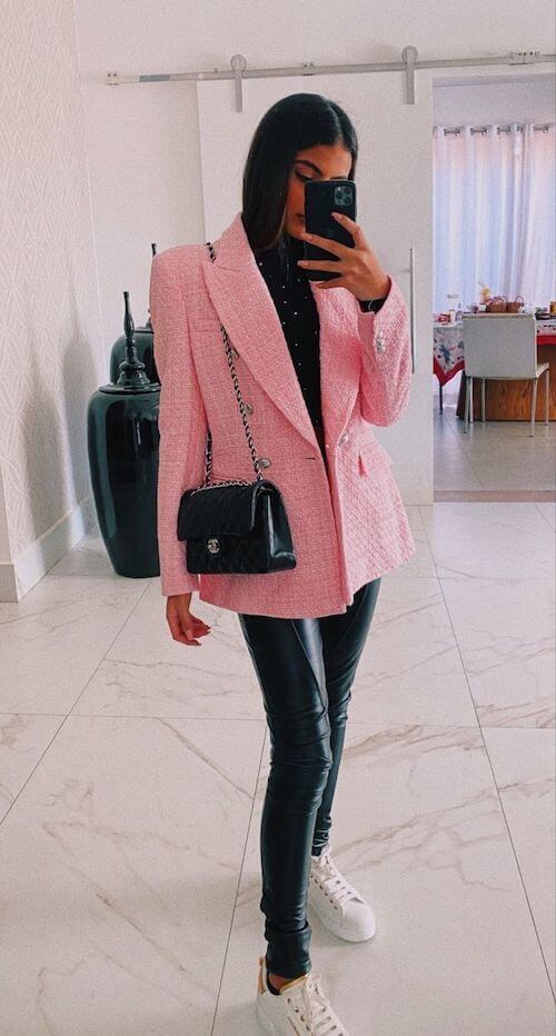 what to wear with a light pink blazer for women in winter