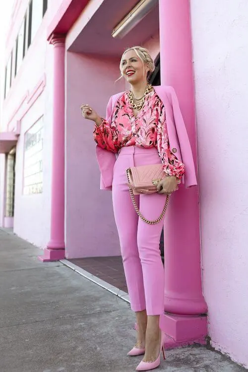 romantic valentines day outfit with a light pink blazer