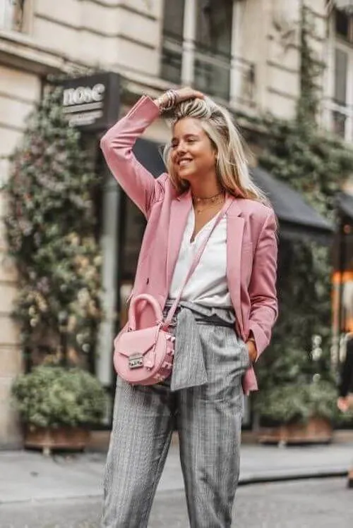 what to wear with a baby pink blazer for women