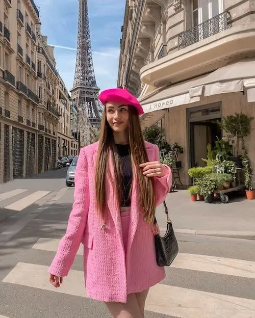 Emily In Paris inspired look with a light pink blazer