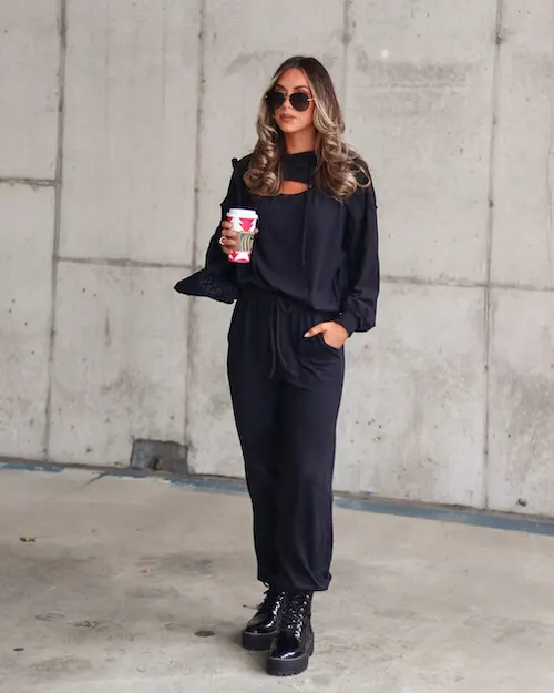 Sweatpants and top boots outfit