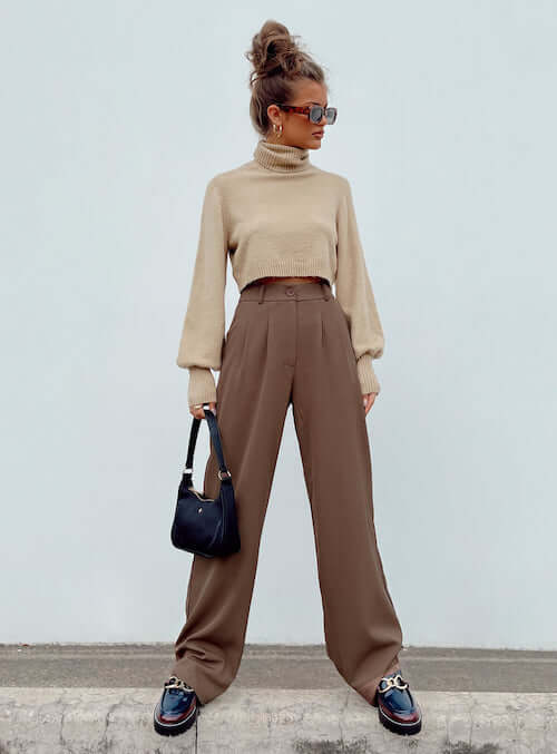 Women Brown Straight Fit Pleated Formal Pants - Gorur Ghash