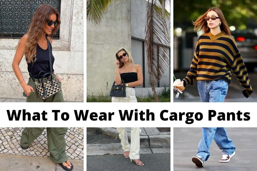 collage of outfit ideas on what to wear with cargo pants