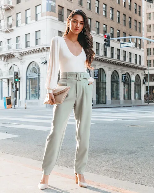 Olive green linen casual look palazzo pant - G3-WFP38 | G3fashion.com