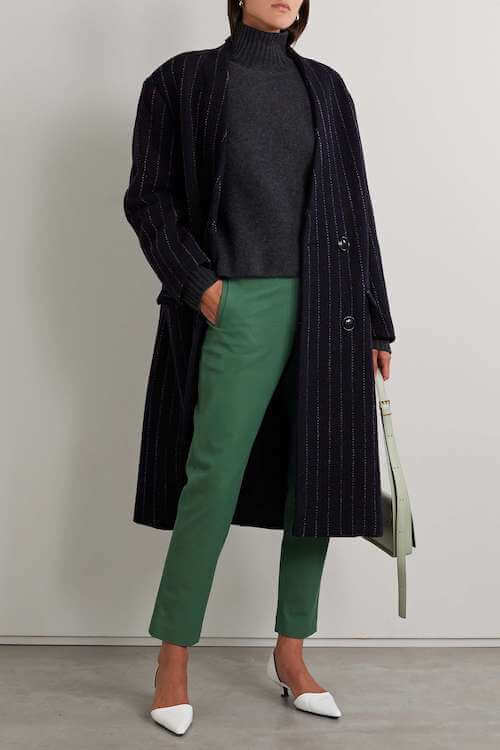 How To Wear Green Pants For Work with black coat and white heels