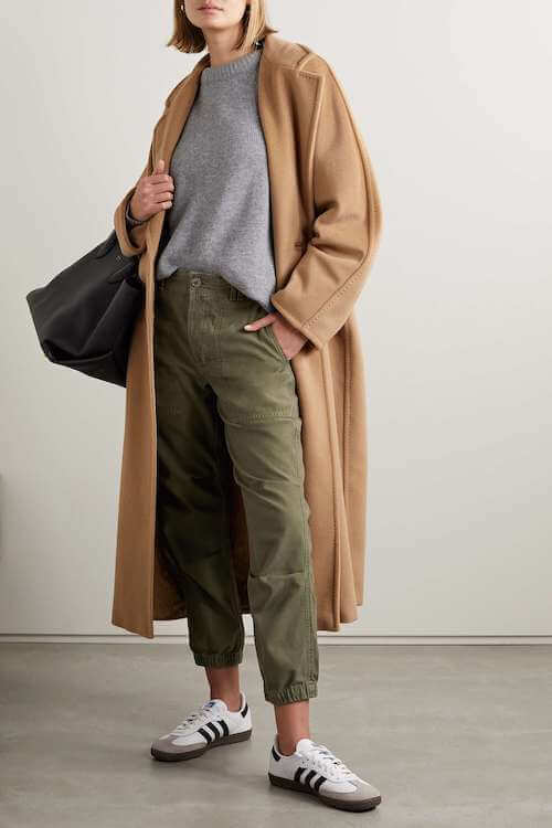 How To Wear Green Pants For Fall Winter with sneakers and camel coat