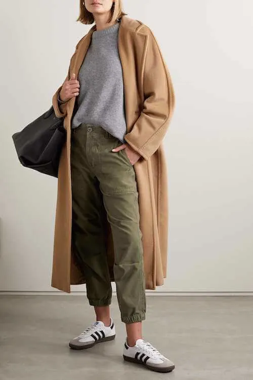 How To Wear Green Pants For Fall Winter with sneakers and camel coat