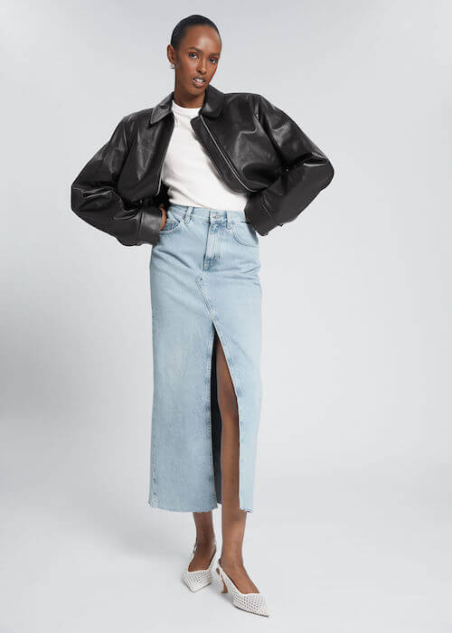what to wear with jean skirt