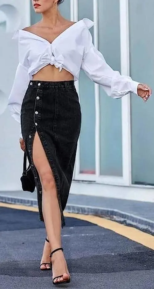 what to wear with jean skirt