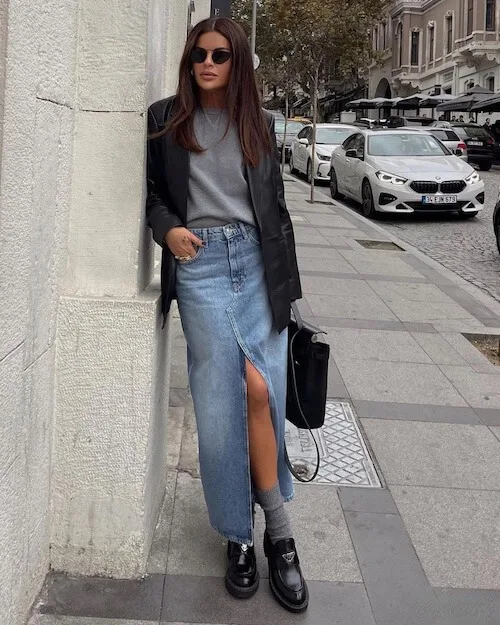 what to wear with jean skirt
