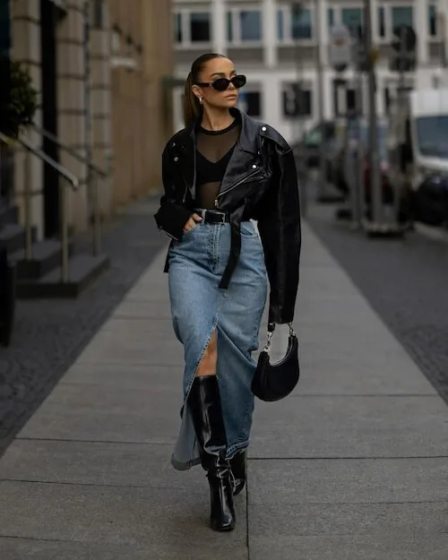 what to wear with jean skirt
