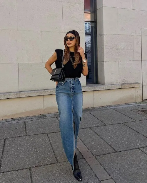 what to wear with jean skirt