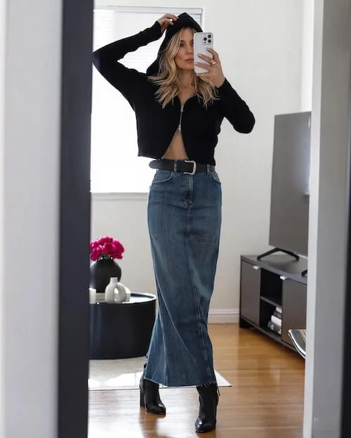what to wear with jean skirt