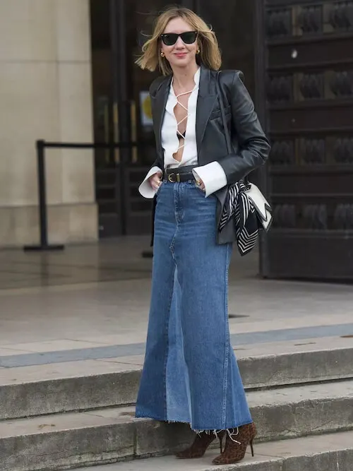 what to wear with jean skirt