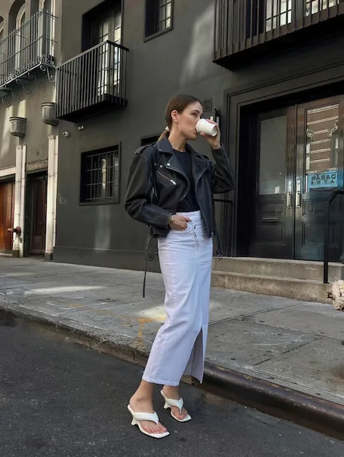 what to wear with jean skirt