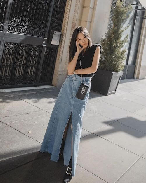 what to wear with long denim skirt