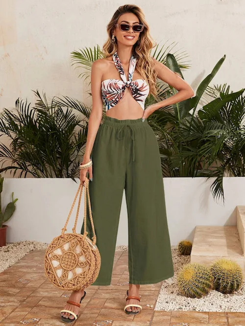 Army Green Trouser Pants for Women Trendy Flowy Wide Leg High Waisted  Palazzo Summer Beach Pants S at Amazon Women's Clothing store