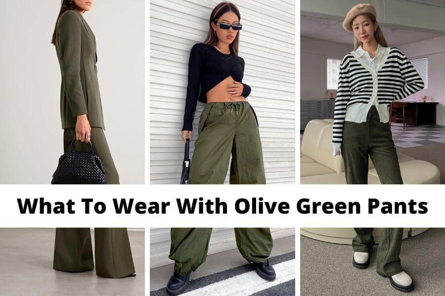 collage of ideas on what to wear with olive green pants