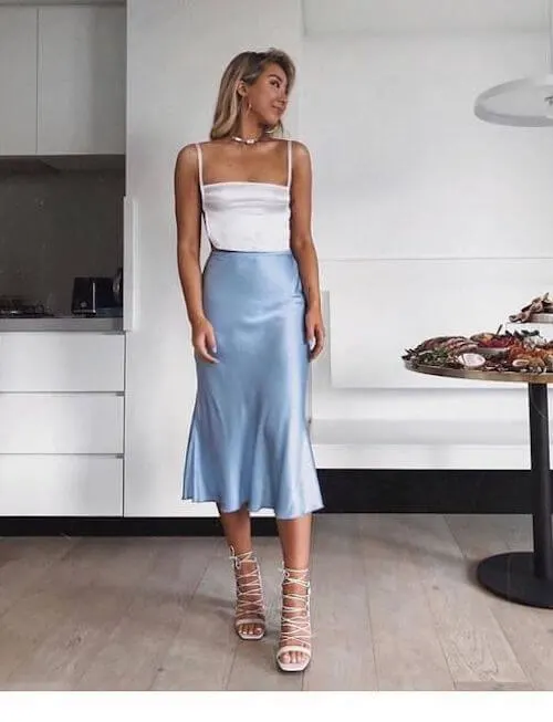 Blue satin skirt outfit top