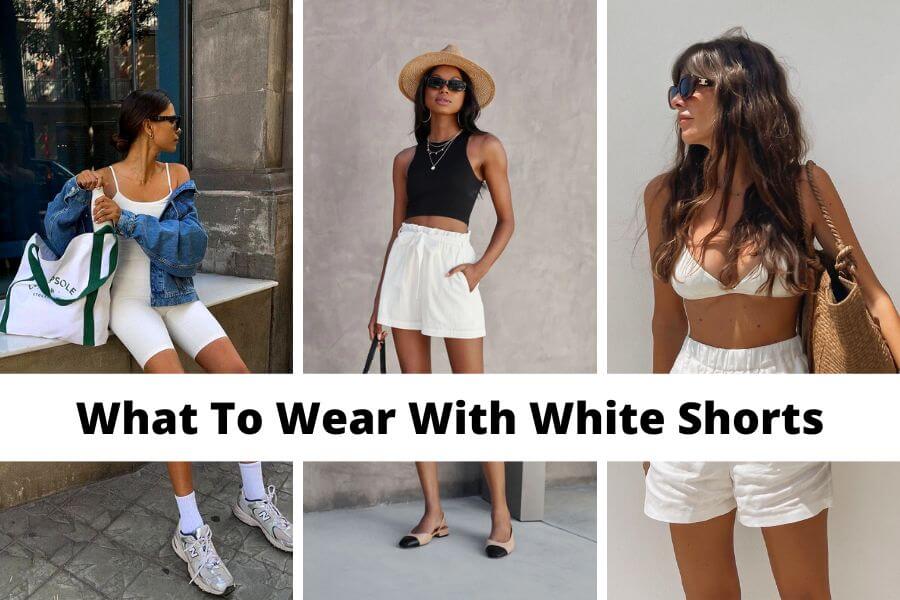 collage of ideas on what to wear with white shorts female