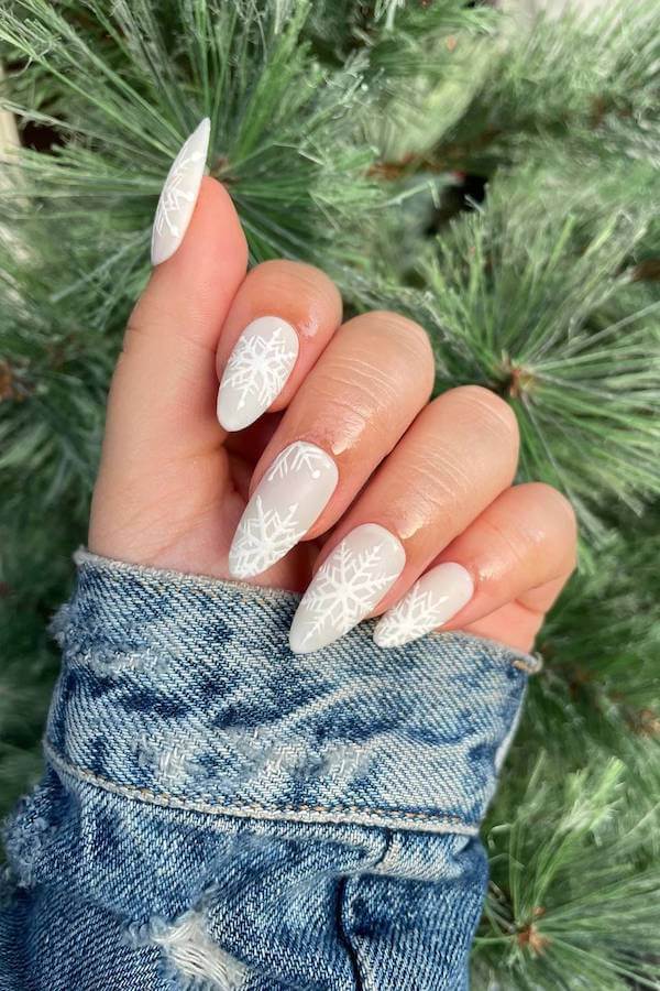 White Snowflake Almond Nails