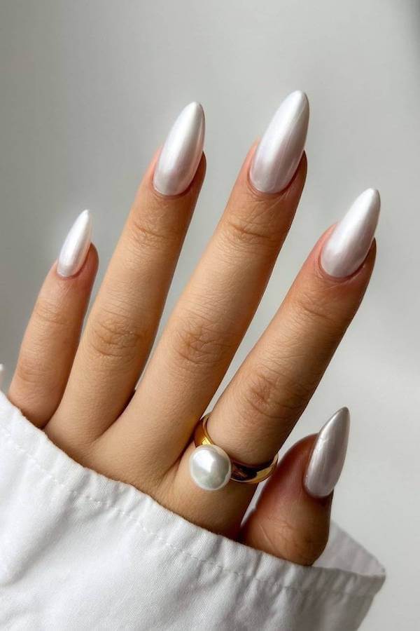 Pearl White Chrome Nails